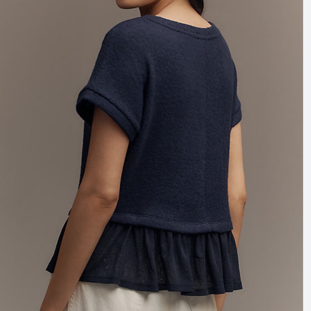Anthropologie Pilcro Short-Sleeve Sweater Twofer Top Navy Relaxed Fit Peplum-XL